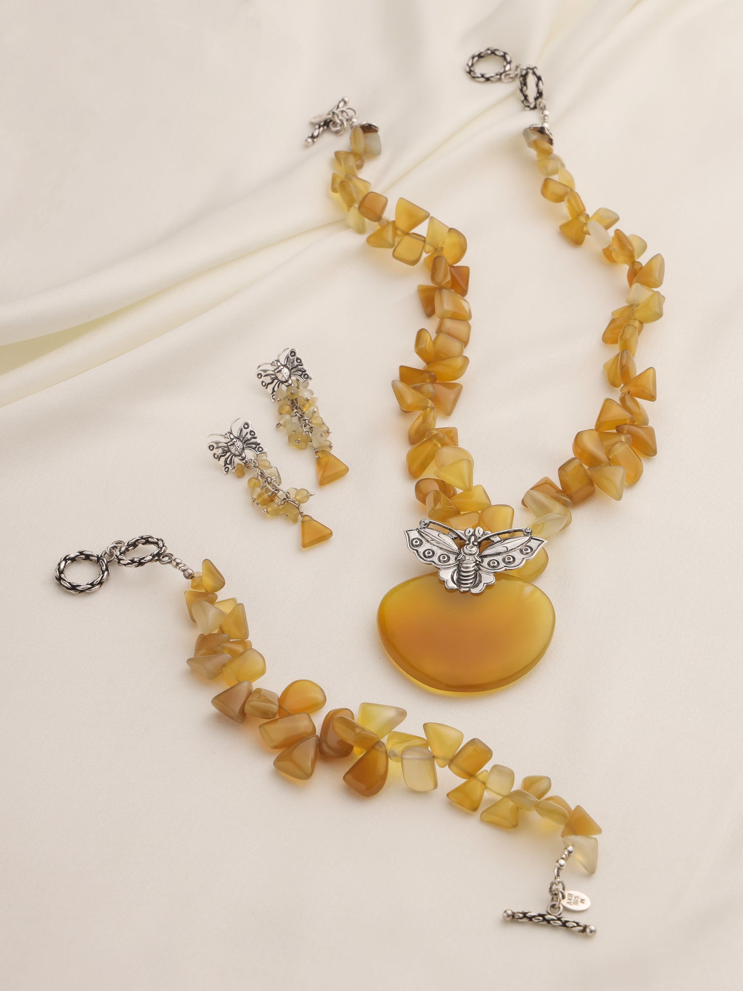 92.5% PURE SILVER AND SEMI PRECIOUS STONE COLLECTION NATURAL HONEY AGATE NECKLACE, EARRINGS AND BRACELET