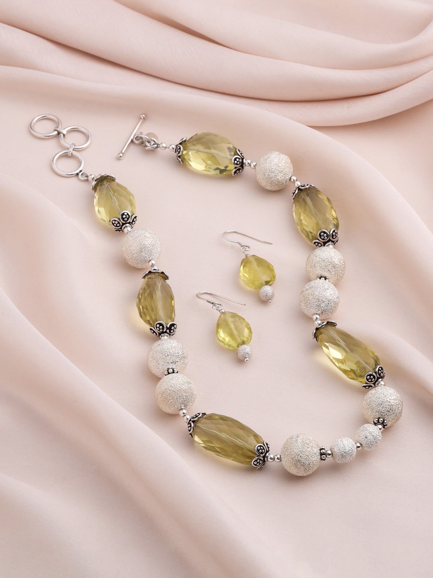 92.5% PURE SILVER AND SEMI PRECIOUS STONE COLLECTION NATURAL LEMON QUARTZ NECKLACE AND EARRINGS