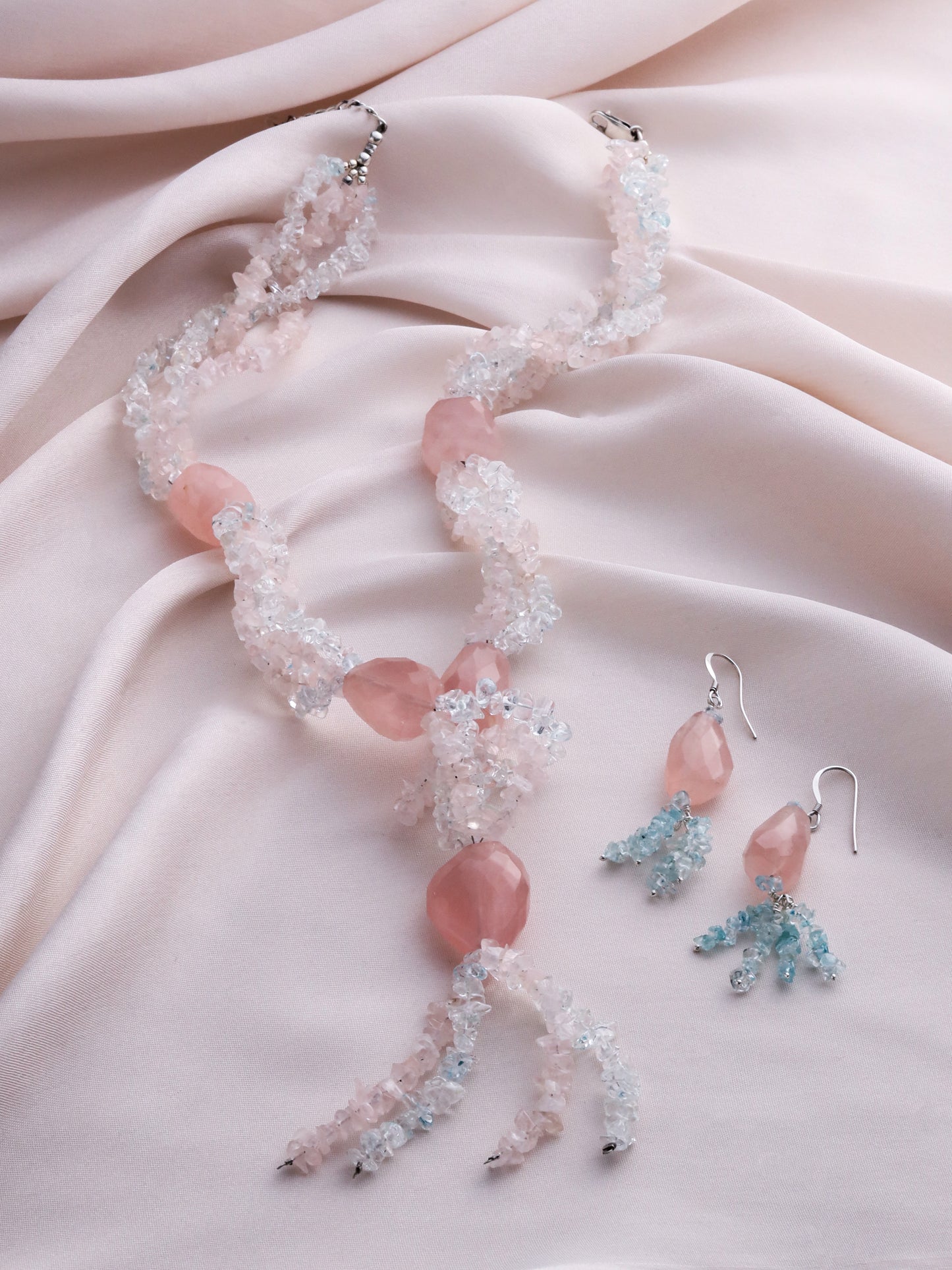 92.5% PURE SILVER AND SEMI PRECIOUS STONE COLLECTION NATURAL ROSE QUARTZ & TOPAZ NECKLACE AND EARRINGS