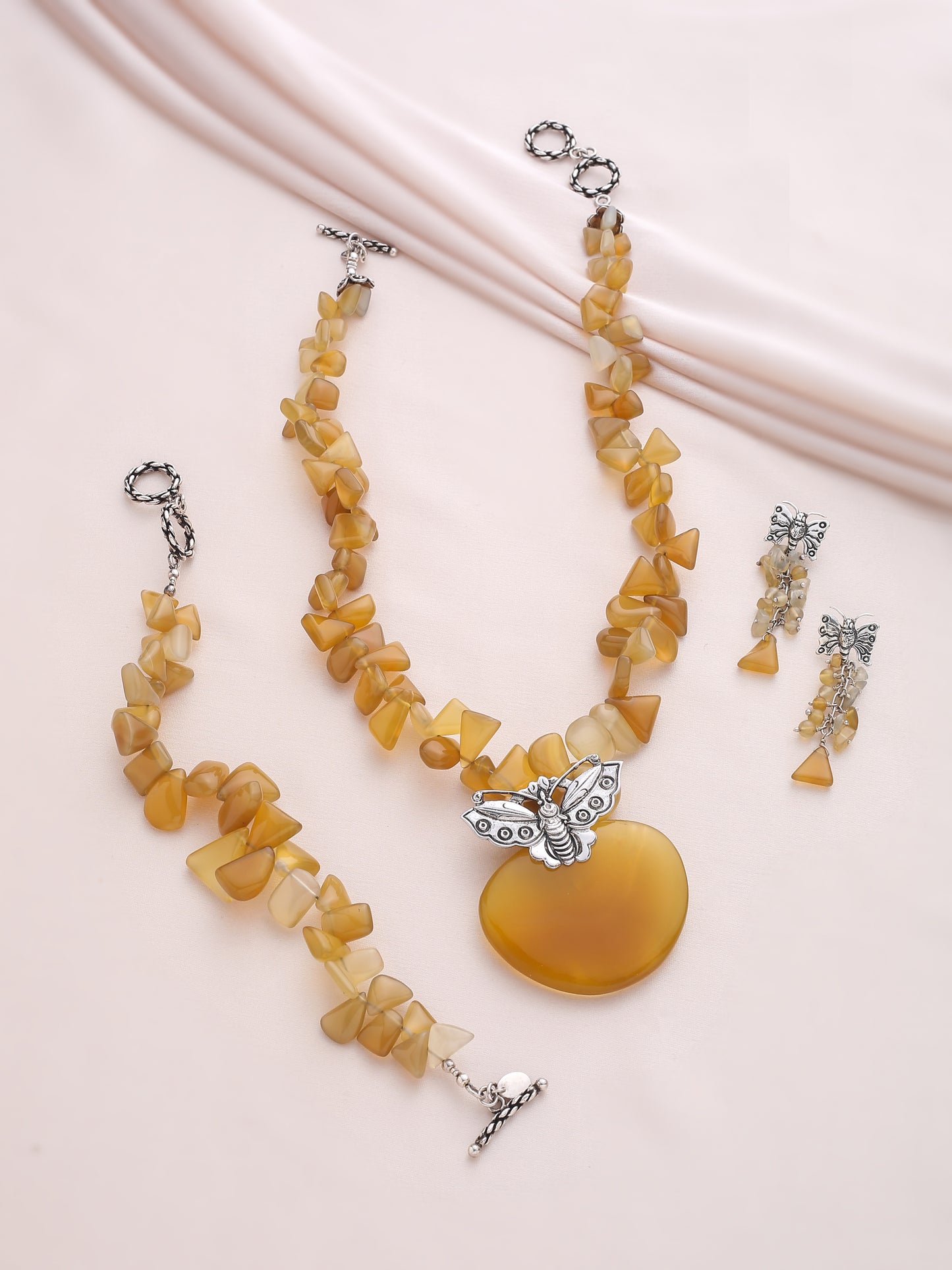 92.5% PURE SILVER AND SEMI PRECIOUS STONE COLLECTION NATURAL HONEY AGATE NECKLACE, EARRINGS AND BRACELET