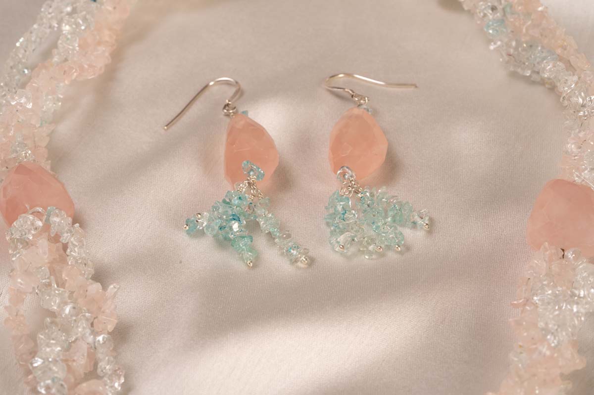 92.5% PURE SILVER AND SEMI PRECIOUS STONE COLLECTION NATURAL ROSE QUARTZ & TOPAZ NECKLACE AND EARRINGS