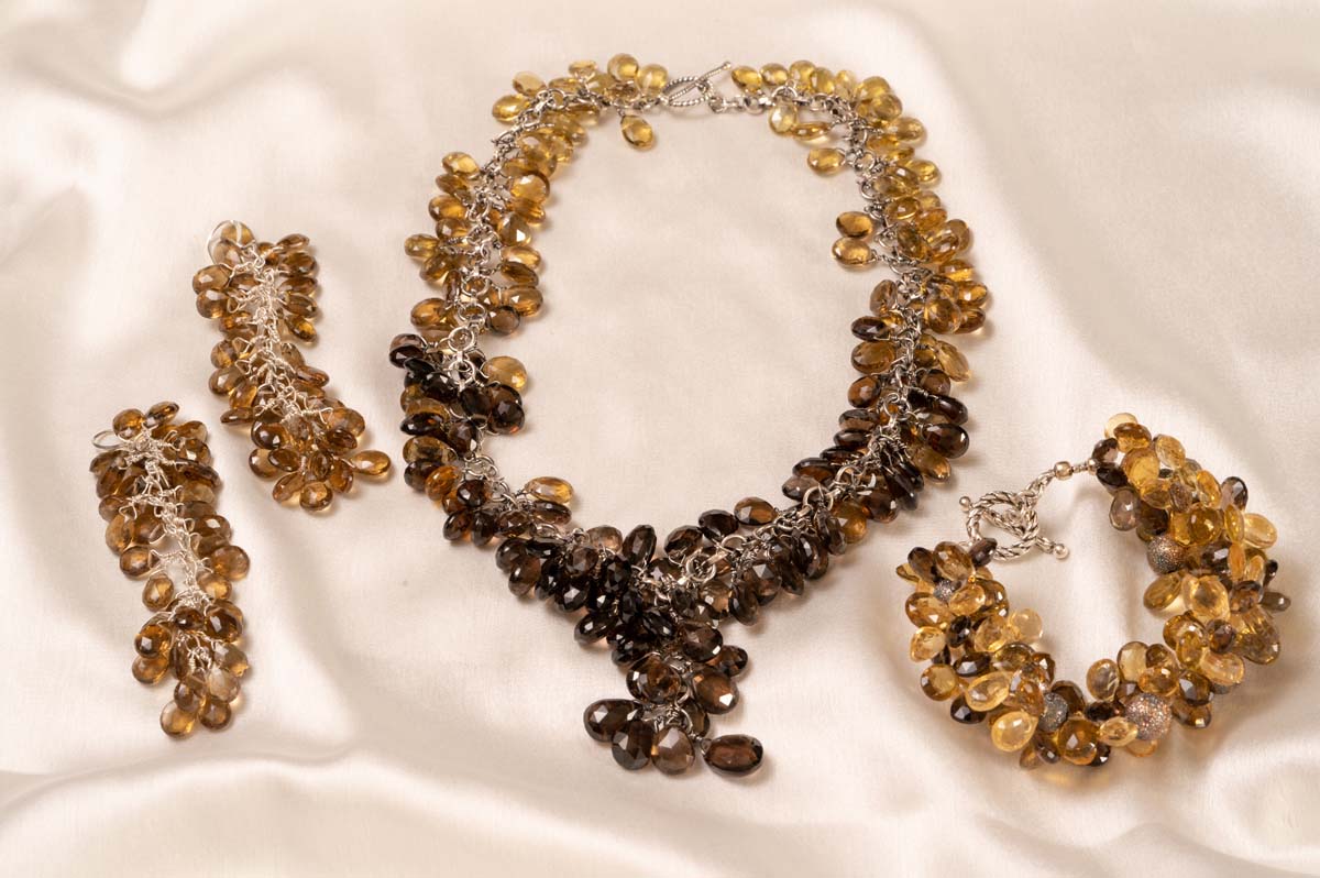 NATURAL SMOKY WHISKY NECKLACE, EARRINGS AND BRACELET